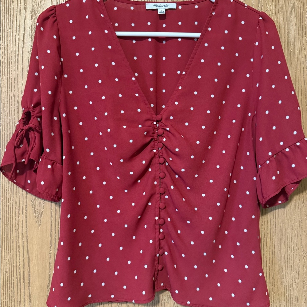 Madewell Red Ruched 1/2 Sleeve Blouse